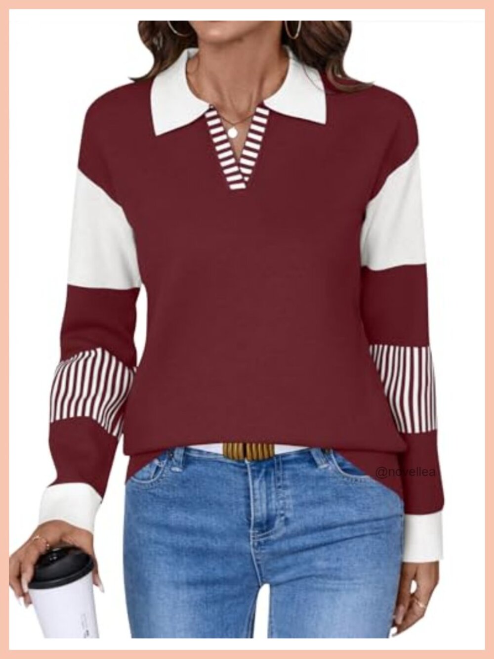 V Neck Long Sleeve Color Block Striped Knitted Pullover Sweater
